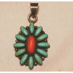 Vintage Zuni Pendent Stirling Silver Turquoise and Coral Stamped